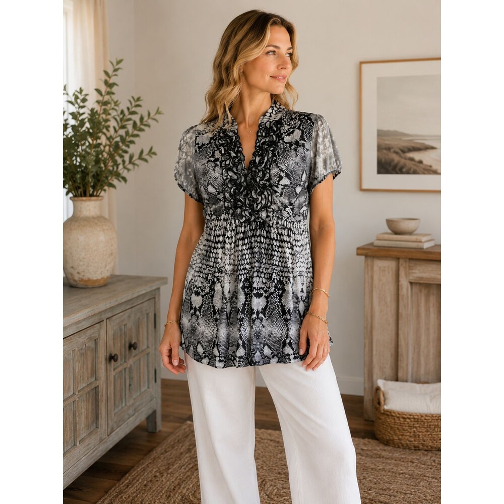 Halo Tunic Top Women's M Snakeskin Print Ruffle V-Neck Waist Tie Puff Sleeve